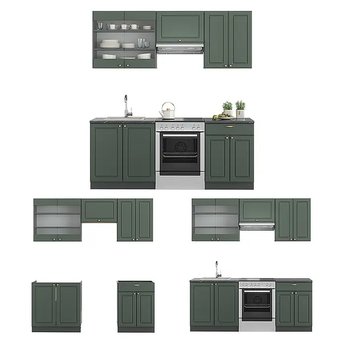 Vicco Küchenzeile Fame-Line, Grün-Gold Landhaus/Anthrazit, 200 cm -  - Modulares Küchenschrank-Set in Dunkelgrün mit teils Glastüren, Spüle, Ofen und verschiedenen Aufbewahrungsmöglichkeiten.