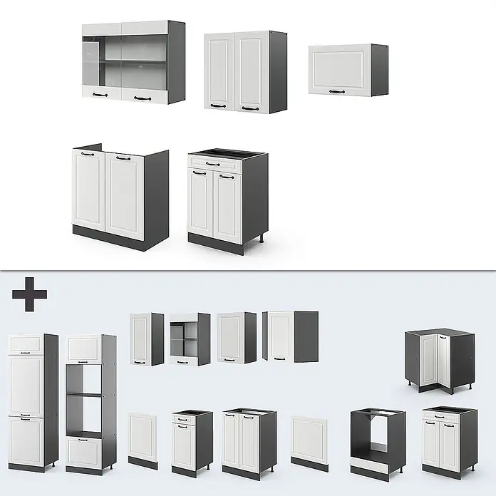 Vicco Küchenzeile R-Line Weiß Landhaus/Anthrazit, AP Anthrazit - Weiß Landhaus, Ohne Elektrogeräte - Modulare Küchenschränke: weiße Fronten, dunkelgraue Rahmen; verschiedene Wand-, Unter- und Eckschränke.