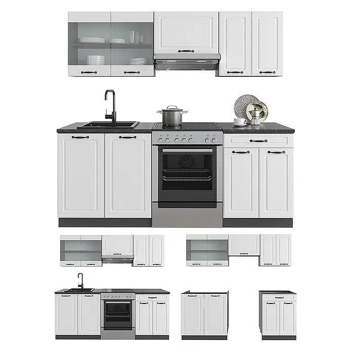 Vicco Küchenzeile R-Line Weiß Landhaus/Anthrazit, AP Anthrazit - Weiß Landhaus, Ohne Elektrogeräte - Weiße modulare Küchenschränke mit schwarzen Arbeitsplatten und Griffen, Spüle, Backofen und Dunstabzugshaube, montiert und als Einzelteile.