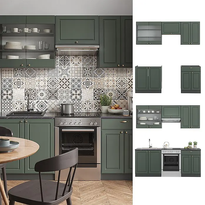 Vicco Küchenzeile Fame-Line, Grün-Gold Landhaus/Anthrazit, 200 cm -  - Grüne modulare Küchenschränke mit integriertem Ofen und Spüle, gezeigt in einer Komplettküche und als Einzelteile.