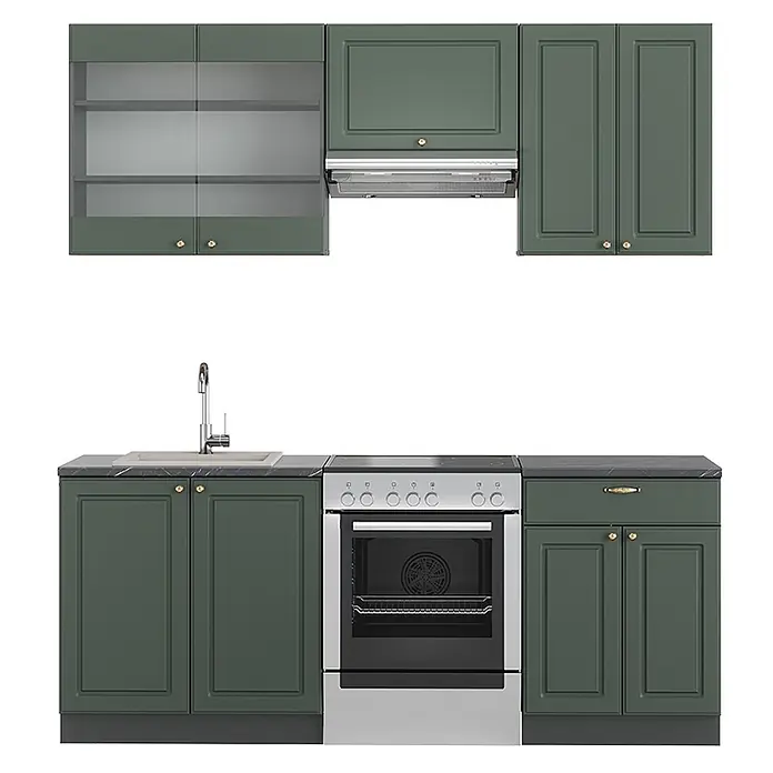 Vicco Küchenzeile Fame-Line, Grün-Gold Landhaus/Anthrazit, 200 cm -  - Dunkelgrüne Küchenmöbel mit Glas- und Massivtüren, dunklen Arbeitsplatten, Edelstahlspüle, Backofen und Dunstabzugshaube.