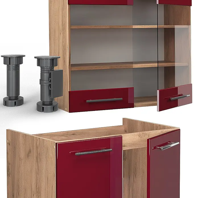 Vicco Küchenzeile Fame-Line Bordeaux Hochglanz/Goldkraft Eiche, AP Eiche - Bordeaux Hochglanz, Ohne Elektrogeräte - Modulares Schranksystem mit Holzmaserung, glänzenden roten Türen, Klarglasplatten, Holzregalen und verstellbaren grauen Füßen.