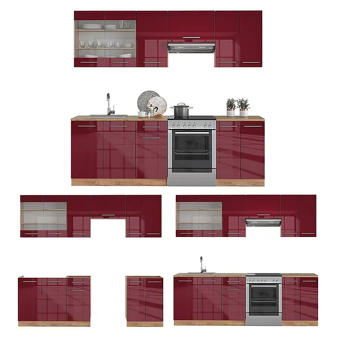 Vicco Küchenzeile Fame-Line Bordeaux Hochglanz/Goldkraft Eiche, AP Eiche - Bordeaux Hochglanz, Ohne Elektrogeräte - Modulare, glänzende burgunderrote Küchenschränke mit Holzoptik-Details, integrierter Spüle und Ofeneinheit.