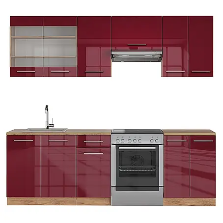 Vicco  Küchenzeile Fame-Line Bordeaux Hochglanz/Goldkraft Eiche, AP Eiche