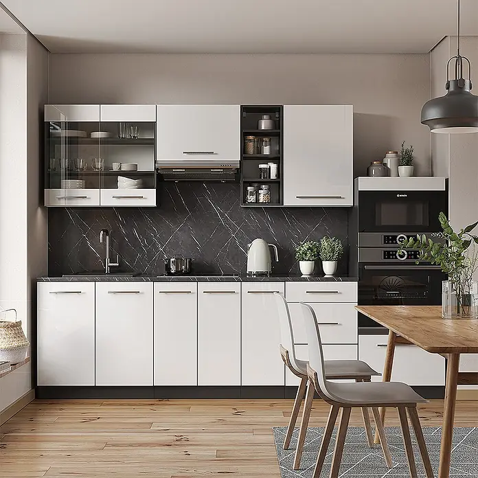 Vicco Küchenzeile Fame-Line Weiß Hochglanz/Anthrazit, AP Marmor - Weiß Hochglanz, Ohne Elektrogeräte - Moderne Küche mit weißen Hochglanzschränken, dunklen Arbeitsplatten und Spritzschutz, inklusive Einbaugeräten.
