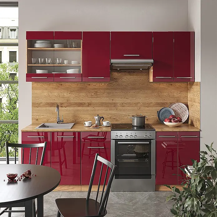 Vicco Küchenzeile Fame-Line Bordeaux Hochglanz/Goldkraft Eiche, AP Eiche - Bordeaux Hochglanz, Ohne Elektrogeräte - Moderne, glänzend rote Küche mit Holzoptik-Arbeitsplatte und -Spritzschutz, Spüle und Herd.