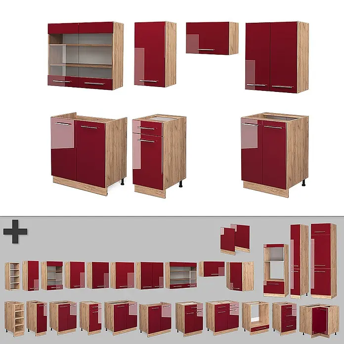 Vicco Küchenzeile Fame-Line Bordeaux Hochglanz/Goldkraft Eiche, AP Anthrazit - Breite: 240 cm, Bordeaux Hochglanz, Ohne Elektrogeräte - Modulare Küchenschränke mit glänzenden roten Fronten und hellen Holzrahmen, in verschiedenen Konfigurationen.