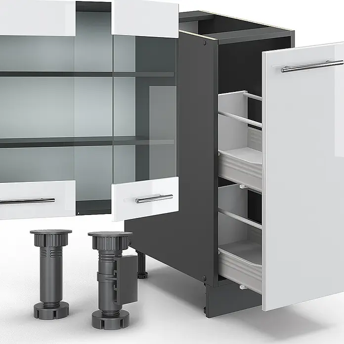 Vicco Küchenzeile Fame-Line Weiß Hochglanz/Anthrazit, AP Marmor - Weiß Hochglanz, Ohne Elektrogeräte - Zerlegte weiße und dunkelgraue Küchenschrankteile mit Glastüren, Auszügen und verstellbaren Füßen.