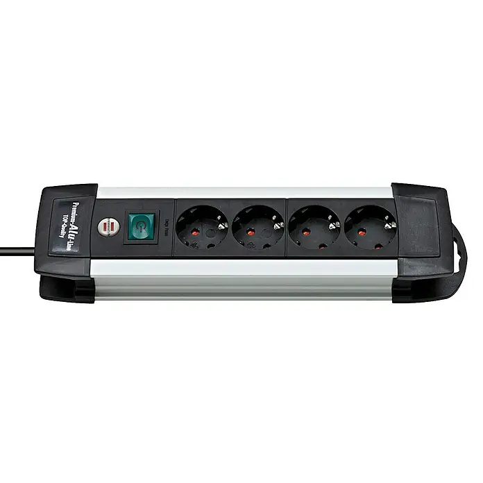 Brennenstuhl Premium-Alu-Line Base de enchufe múltiple - Número de enchufes Schuko: 4 ud., Negro/Plateado, Longitud del cable: 1,8 m, IP20, Con interruptor - Regleta Premium Alu-Line con cuatro tomas, interruptor y protección contra sobretensiones, para el funcionamiento seguro de los aparatos electrónicos.