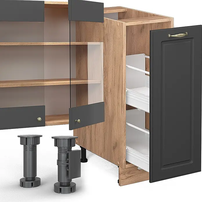 Vicco Küchenzeile Fame-Line Anthrazit Landhaus/Goldkraft Eiche ohne Arbeitsplatte - Anthrazit-Gold Landhaus, Ohne Elektrogeräte - Modulare Küchenschrankteile: Holzrahmen mit Glas- und dunkelgrauen Türen, ein Rahmen mit Auszügen, eine dunkelgraue Tür und verstellbare Füße.
