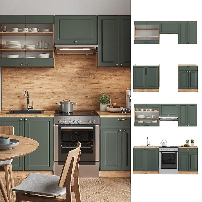 Vicco Küchenzeile Fame-Line Grün-Gold Landhaus/Goldkraft Eiche ohne Arbeitsplatte - Grün-Gold Landhaus, Ohne Elektrogeräte - Dunkelgrüne Küchenschränke mit Holz-Arbeitsplatten und -Rückwand, integriert in eine moderne Küche mit Ofen und Spüle.