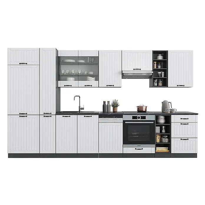 Vicco Küchenzeile Fame-Line Weiß Landhaus/Anthrazit mit Hochschrank, ohne Arbeitsplatte - Breite: 355 cm, Weiß Landhaus, Ohne Elektrogeräte - Weiße Küchenzeile mit schwarzen Griffen, dunkler Arbeitsplatte, Spüle, Backofen und Kochfeld, mit offenen Regalen und geriffelten Fronten.