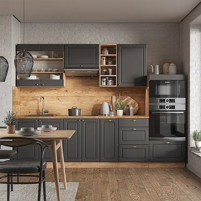 Vicco Küchenzeile Fame-Line Anthrazit Landhaus/Goldkraft Eiche ohne Arbeitsplatte - Anthrazit-Gold Landhaus, Ohne Elektrogeräte - Dunkelgraue Küchenschränke mit Holzdetails in einer modernen Küche.