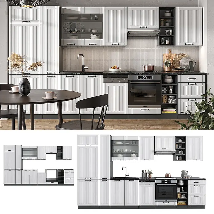 Vicco Küchenzeile Fame-Line Weiß Landhaus/Anthrazit mit Hochschrank, ohne Arbeitsplatte - Breite: 355 cm, Weiß Landhaus, Ohne Elektrogeräte - Weiße Modulküche mit gerillten Fronten, schwarzen Griffen, dunkler Arbeitsplatte und integrierten Geräten.