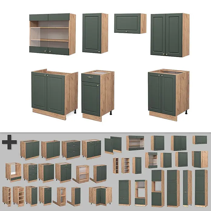 Vicco Küchenzeile Fame-Line Grün-Gold Landhaus/Goldkraft Eiche, AP Marmor - Breite: 240 cm, Grün-Gold Landhaus, Ohne Elektrogeräte - Satz Küchenschrankmodule mit Holzrahmen und dunkelgrünen Fronten, inkl. Unter-, Ober- und Hochschränken mit Türen, Schubladen und Glasoptionen.
