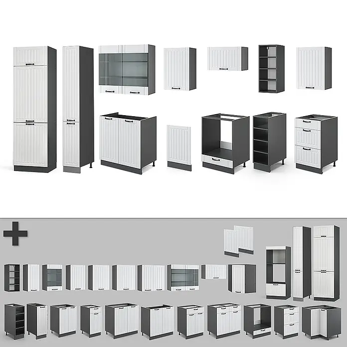 Vicco Küchenzeile Fame-Line Weiß Landhaus/Anthrazit mit Hochschrank, ohne Arbeitsplatte - Breite: 355 cm, Weiß Landhaus, Ohne Elektrogeräte - Verschiedene modulare Küchenschränke in Weiß und Dunkelgrau, darunter Unter-, Ober-, Hoch- und Schubladenschränke.
