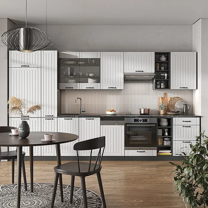 Vicco Küchenzeile Fame-Line Weiß Landhaus/Anthrazit mit Hochschrank, ohne Arbeitsplatte - Breite: 355 cm, Weiß Landhaus, Ohne Elektrogeräte - Moderne Küche mit weißen vertikalen Paneelschränken, dunklen Griffen, schwarzer Arbeitsplatte und integrierten Geräten.