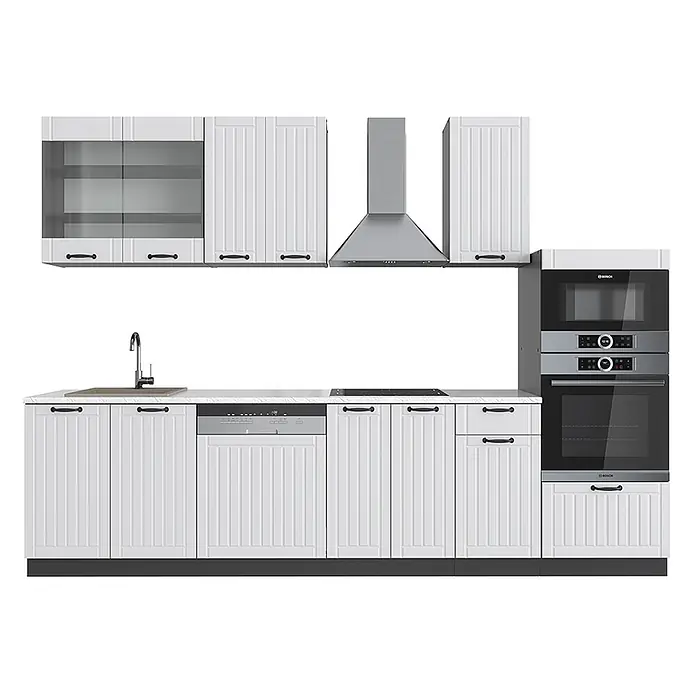 Vicco Küchenzeile Fame-Line Weiß Landhaus/Anthrazit mit Hochschrank, ohne Arbeitsplatte - Breite: 300 cm, Weiß Landhaus, Ohne Elektrogeräte - Weiße Küchenzeile mit Paneeltüren und schwarzen Griffen, integrierte Dunstabzugshaube, Kochfeld, Geschirrspüler, Backofen, Mikrowelle.