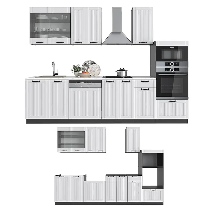 Vicco Küchenzeile Fame-Line Weiß Landhaus/Anthrazit mit Hochschrank, AP Anthrazit - Weiß Landhaus, Ohne Elektrogeräte - Weißes Küchenschrank-Set mit schwarzen Griffen und integrierten Edelstahlgeräten (Spüle, Dunstabzug, Kochfeld, Backofen, Mikrowelle).