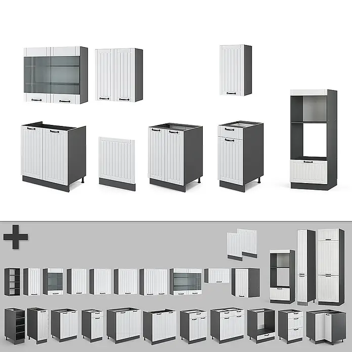 Vicco Küchenzeile Fame-Line Weiß Landhaus/Anthrazit mit Hochschrank, AP Anthrazit - Breite: 300 cm, Weiß Landhaus, Ohne Elektrogeräte - Modulare weiß-dunkelgraue Küchenschränke, verschiedene Konfigurationen.