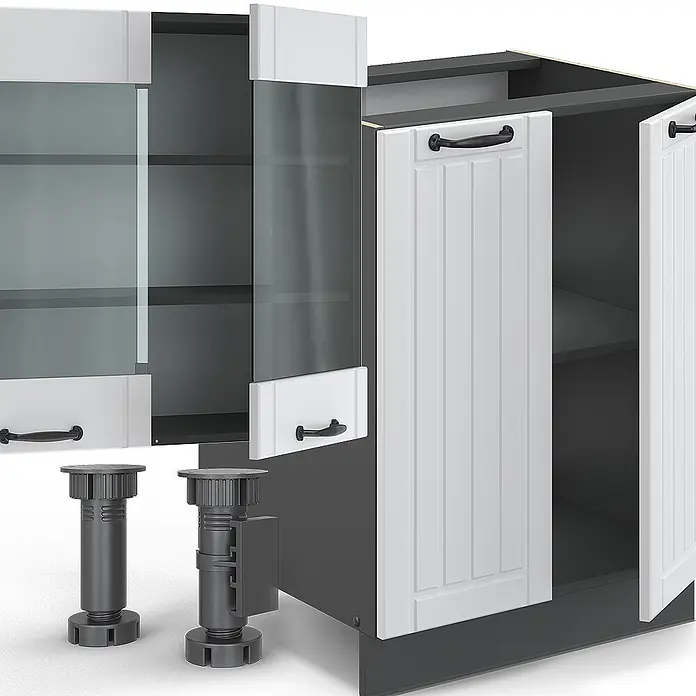 Vicco Küchenzeile Fame-Line Weiß Landhaus/Anthrazit mit Hochschrank, AP Anthrazit - Weiß Landhaus, Ohne Elektrogeräte - Teilweise montierte weiße und dunkelgraue Küchenschränke mit Glas- und Paneeltüren, schwarzen Griffen und verstellbaren Füßen.