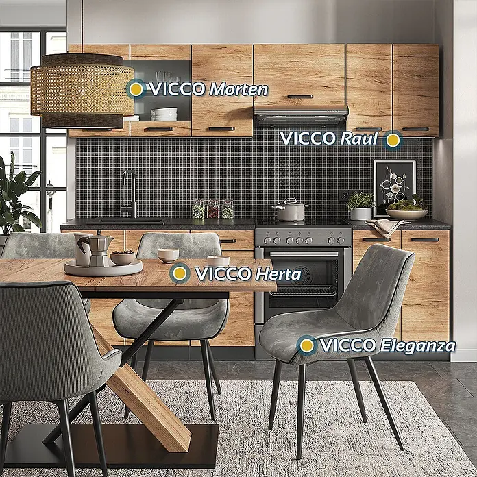 Vicco Küchenzeile Raul Goldkraft Eiche/Anthrazit, AP Schwarz gemustert - Goldkraft Eiche, Ohne Elektrogeräte - VICCO Eleganza Esszimmerstuhl mit grauem Stoffbezug und schlanken schwarzen Metallbeinen.