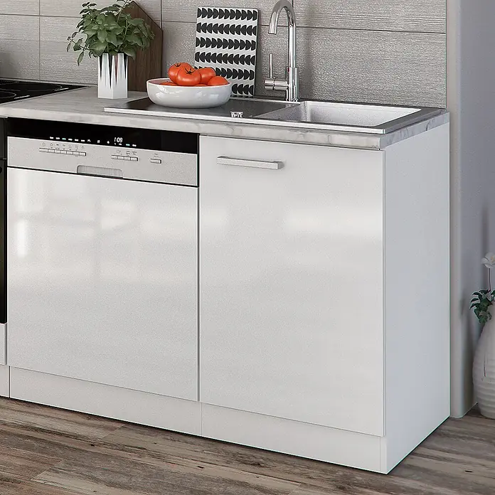 Vicco Küchenzeile Optima Weiß Hochglanz/Weiß ohne Arbeitsplatte - Weiß Hochglanz, Ohne Elektrogeräte - Weiße Küchenzeile mit integriertem Geschirrspüler, Spülbecken und Wasserhahn, mit heller Arbeitsplatte in moderner Küche.
