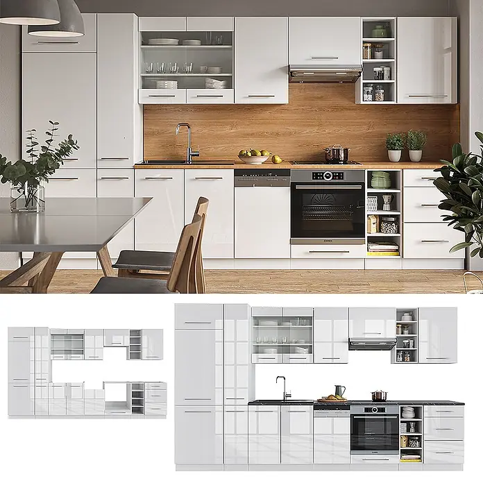 Vicco Küchenzeile Fame-Line Weiß Hochglanz/Weiß, AP Anthrazit - Breite: 355 cm, Weiß Hochglanz, Ohne Elektrogeräte - Moderne weiße Hochglanz-Küchenschränke mit integrierten Geräten und Holz-Akzenten in einer zeitgemäßen Umgebung.