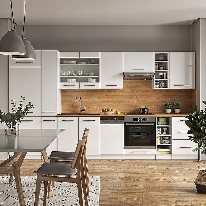 Vicco Küchenzeile Fame-Line Weiß Hochglanz/Weiß, AP Eiche - Weiß Hochglanz, Ohne Elektrogeräte - Moderne, weiße Hochglanz-Küchenschränke mit Holzrückwand und Edelstahlgeräten.