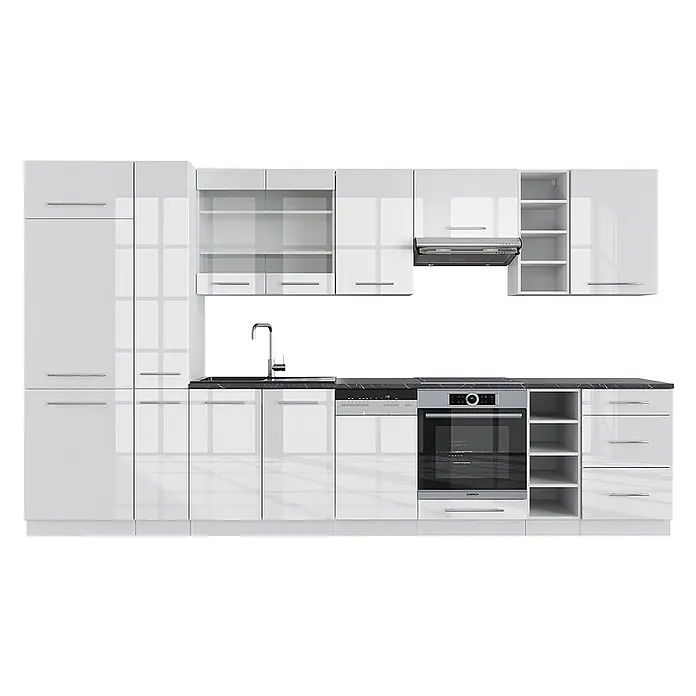 Vicco Küchenzeile Fame-Line Weiß Hochglanz/Weiß, AP Anthrazit - Breite: 355 cm, Weiß Hochglanz, Ohne Elektrogeräte - Moderne Hochglanz-Einbauküche in Weiß mit dunkler Arbeitsplatte, Spüle, Backofen und Geschirrspüler. Inkl. Ober- und Unterschränke.