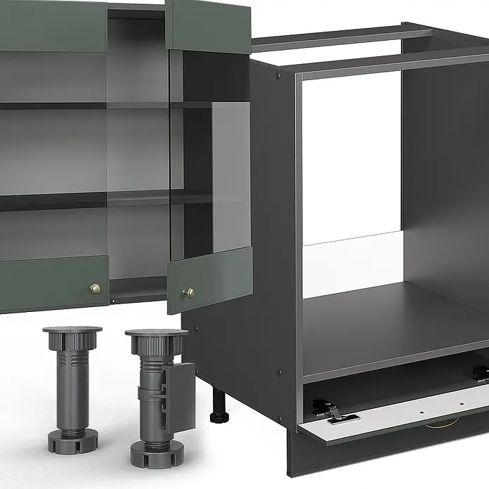 Vicco Küchenzeile Fame-Line, Grün-Gold Landhaus/Anthrazit, 355 cm -  - Modulares dunkelgraues Küchenunterschrankgestell, grüner Hängeschrank mit Glastüren und verstellbare Füße zur Montage.