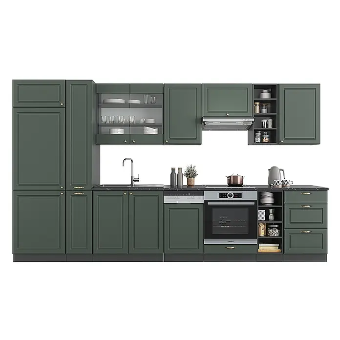 Vicco Küchenzeile Fame-Line Grün-Gold Landhaus/Anthrazit, AP Eiche - Breite: 355 cm, Grün-Gold Landhaus, Ohne Elektrogeräte - Dunkelgrüne Einbauküche mit Paneeltüren, goldenen Griffen, dunkler Arbeitsplatte und integrierten Geräten.