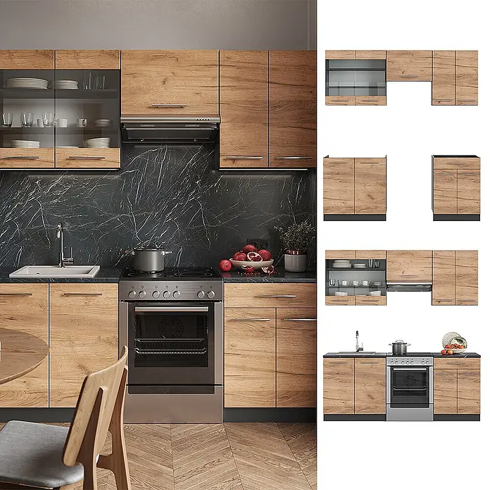 Vicco Küchenzeile Fame-Line Goldkraft Eiche/Anthrazit, AP Anthrazit - Goldkraft Eiche, Ohne Elektrogeräte - Moderne Küche mit hellen Holzoptik-Schränken und dunkler Marmor-Rückwand.