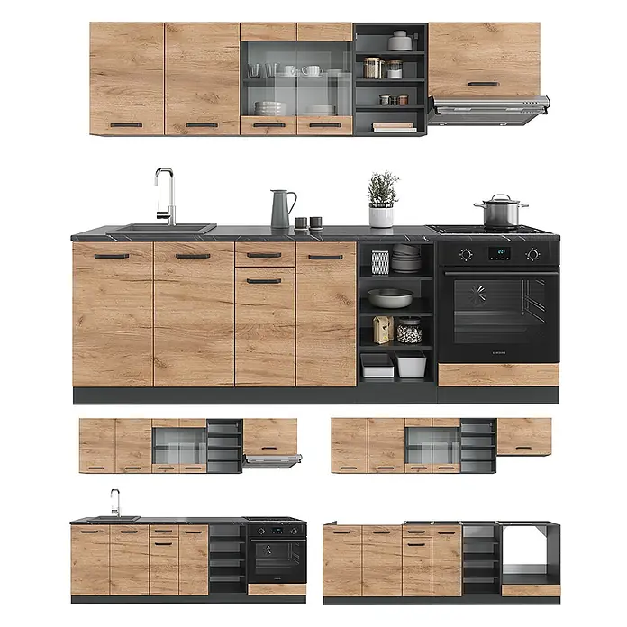 Vicco Küchenzeile R-Line Goldkraft Eiche/Anthrazit, AP Eiche - Goldkraft Eiche, Ohne Elektrogeräte - Moderne Modulküche mit hellen Holzoptikschränken, dunklen Arbeitsplatten, Spüle, Ofen und Dunstabzugshaube.