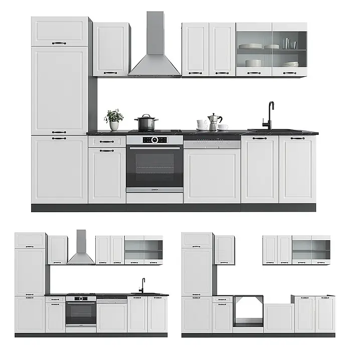 Vicco Küchenzeile R-Line Weiß Landhaus/Anthrazit, AP Marmor - Weiß Landhaus, Ohne Elektrogeräte - Modulare weiße Küche mit schwarzen Arbeitsplatten, integrierten Edelstahlgeräten und verschiedenen Konfigurationen.
