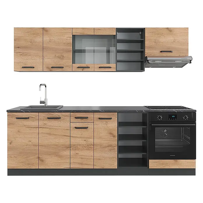 Vicco Küchenzeile R-Line Goldkraft Eiche/Anthrazit ohne Arbeitsplatte - Breite: 240 cm, Goldkraft Eiche, Ohne Elektrogeräte - Moderne Modulküche mit Holzoptik-Schränken, dunkelgrauer Arbeitsplatte, Spüle, Backofen, Kochfeld und Dunstabzugshaube.