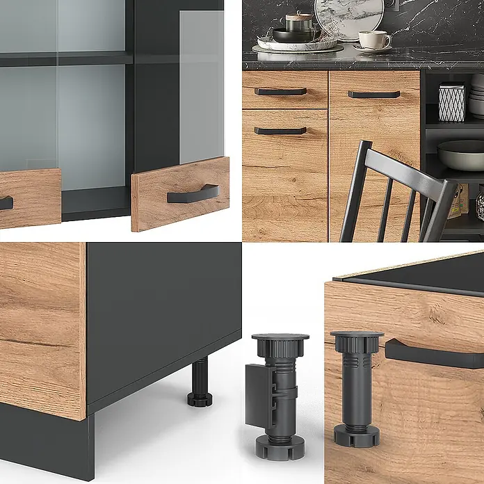 Vicco Küchenzeile R-Line Goldkraft Eiche/Anthrazit ohne Arbeitsplatte - Goldkraft Eiche, Ohne Elektrogeräte - Details modularer Möbel: Holzoptik- und dunkelgraue Schränke, schwarze Griffe, Glastüren und verstellbare Füße.