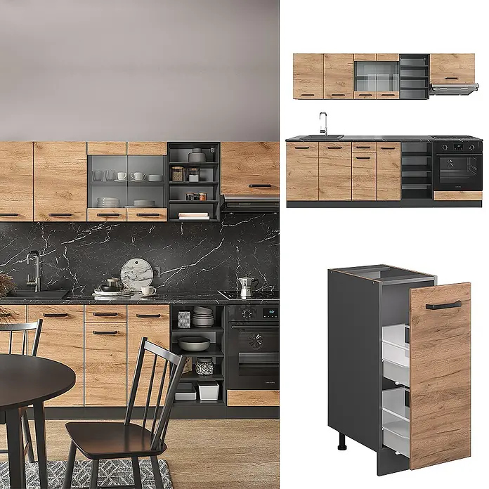 Vicco Küchenzeile R-Line Goldkraft Eiche/Anthrazit ohne Arbeitsplatte - Breite: 240 cm, Goldkraft Eiche, Ohne Elektrogeräte - Moderne Küche mit hellen Holzschränken, schwarzen Marmor-Arbeitsplatten und dunkelgrauen Elementen.