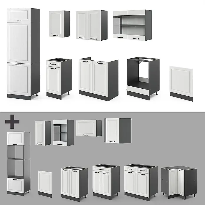 Vicco Küchenzeile R-Line Weiß Landhaus/Anthrazit, AP Marmor - Weiß Landhaus, Ohne Elektrogeräte - Modulares Küchenschranksystem: dunkelgraue Korpusse, weiße Türen. Enthält Hoch-, Wand-, Unterschränke und Ecklösungen.