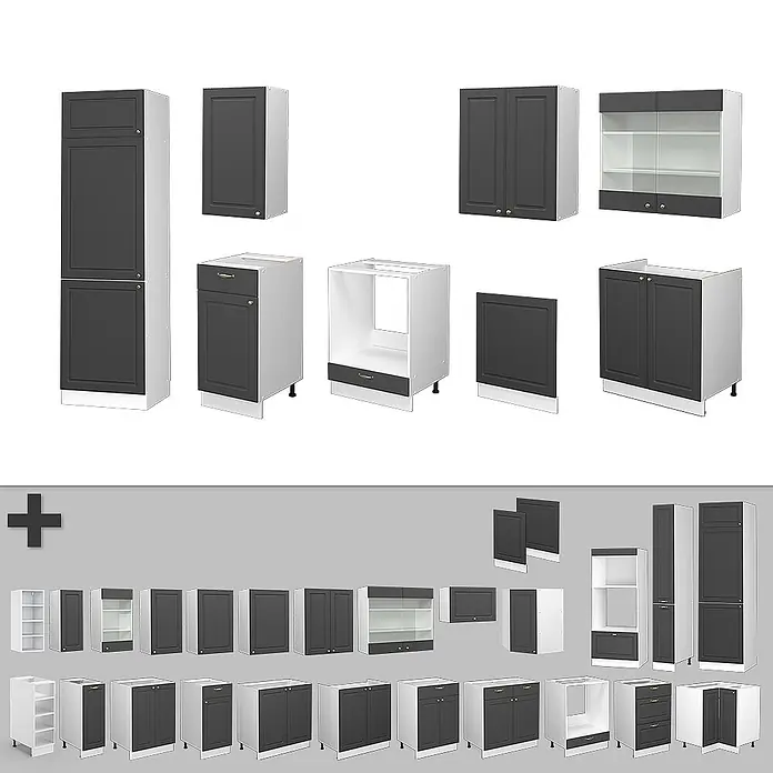 Vicco Küchenzeile Fame-Line Anthrazit-Gold/Weiß, AP Anthrazit - Breite: 300 cm, Anthrazit-Gold, Ohne Elektrogeräte - Modulares Küchensystem mit dunkelgrauen Fronten und weißen Korpen in verschiedenen Konfigurationen.