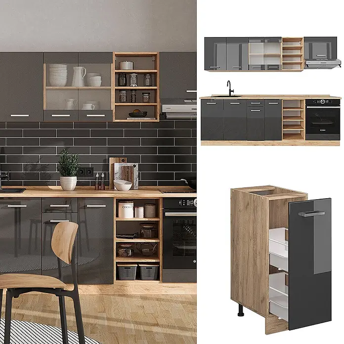 Vicco Küchenzeile R-Line Anthrazit Hochglanz/Goldkraft Eiche, AP Eiche - Anthrazit Hochglanz, Ohne Elektrogeräte - Modernes Küchensystem mit hochglänzenden dunkelgrauen Schränken, hellen Holzplatten und offenen Regalen, inklusive Einbaugeräten.