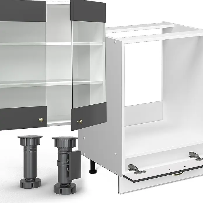 Vicco Küchenzeile Fame-Line Anthrazit-Gold/Weiß, AP Anthrazit - Breite: 300 cm, Anthrazit-Gold, Ohne Elektrogeräte - Umontierte Küchenschrankteile: weißer Rahmen, dunkelgraue Glastüren mit goldfarbenen Griffen und dunkelgraue verstellbare Beine.