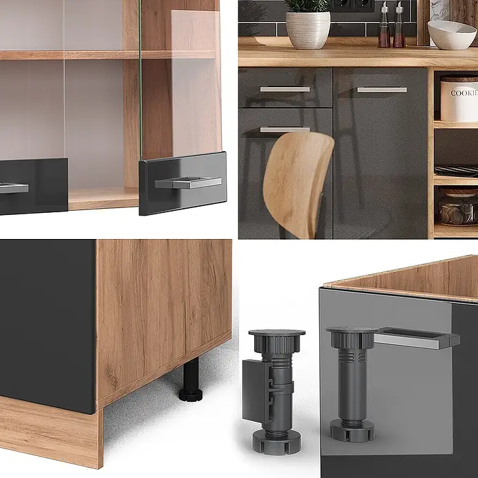 Vicco Küchenzeile R-Line Anthrazit Hochglanz/Goldkraft Eiche, AP Eiche - Anthrazit Hochglanz, Ohne Elektrogeräte - Moderne Küchenmöbel: hochglänzende dunkelgraue Fronten, helle Holzdetails, silberne Griffe und verstellbare schwarze Füße.