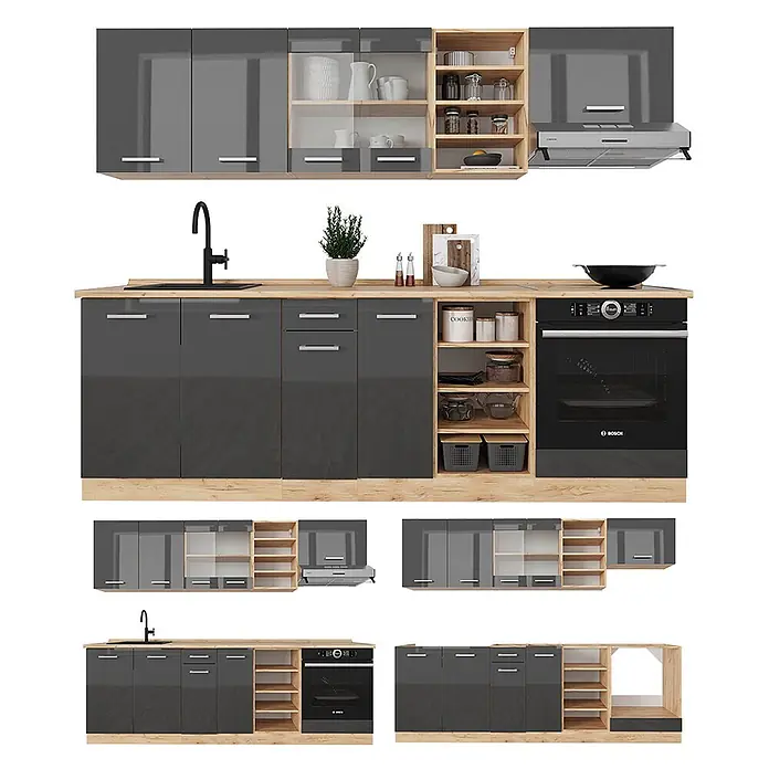 Vicco Küchenzeile R-Line Anthrazit Hochglanz/Goldkraft Eiche, AP Eiche - Anthrazit Hochglanz, Ohne Elektrogeräte - Modulare Küchenzeile mit grauen Hochglanzschränken, hellen Holzplatten und offenen Regalen, inklusive Spüle, Kochfeld und Backofen.