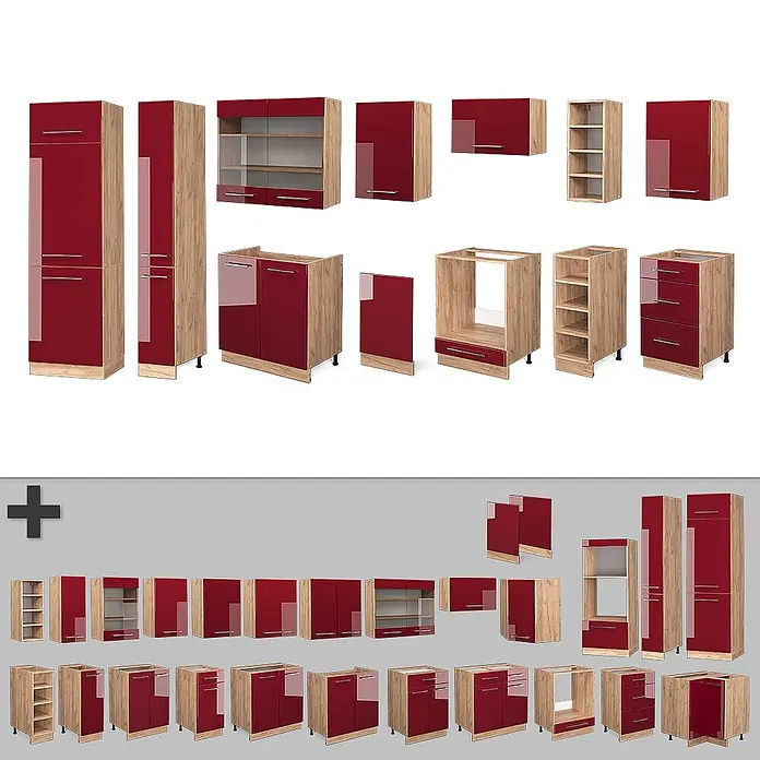 Vicco Küchenzeile Fame-Line Bordeaux Hochglanz/Goldkraft Eiche, AP Anthrazit - Breite: 355 cm, Bordeaux Hochglanz, Ohne Elektrogeräte - Sortiment roter Hochglanz-Küchenschrank-Module mit hellen Holzrahmen.