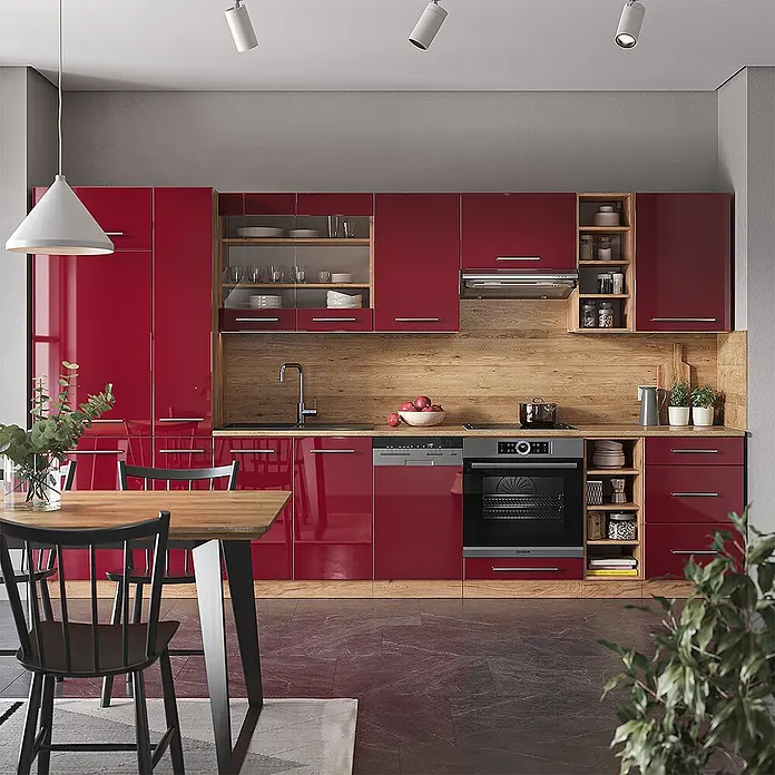 Vicco Küchenzeile Fame-Line Bordeaux Hochglanz/Goldkraft Eiche ohne Arbeitsplatte - Bordeaux Hochglanz, Ohne Elektrogeräte - Moderne Küche mit hochglänzenden roten Schränken, Holzdetails und integrierten Geräten.