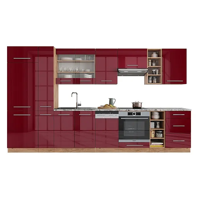 Vicco Küchenzeile Fame-Line Bordeaux Hochglanz/Goldkraft Eiche ohne Arbeitsplatte - Bordeaux Hochglanz, Ohne Elektrogeräte - Rote Hochglanzküche mit Holzdetails, Marmor-Arbeitsplatte, integrierten Geräten und offenen Regalen.