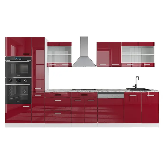 Vicco Küchenzeile R-Line Rot Hochglanz/Weiß mit Hochschrank, ohne Arbeitsplatte - Breite: 350 cm, Rot Hochglanz, Ohne Elektrogeräte - Moderne hochglänzende rote Küche mit weißer Arbeitsplatte, Einbauöfen, Kochfeld, Dunstabzugshaube, Spüle und Geschirrspüler.
