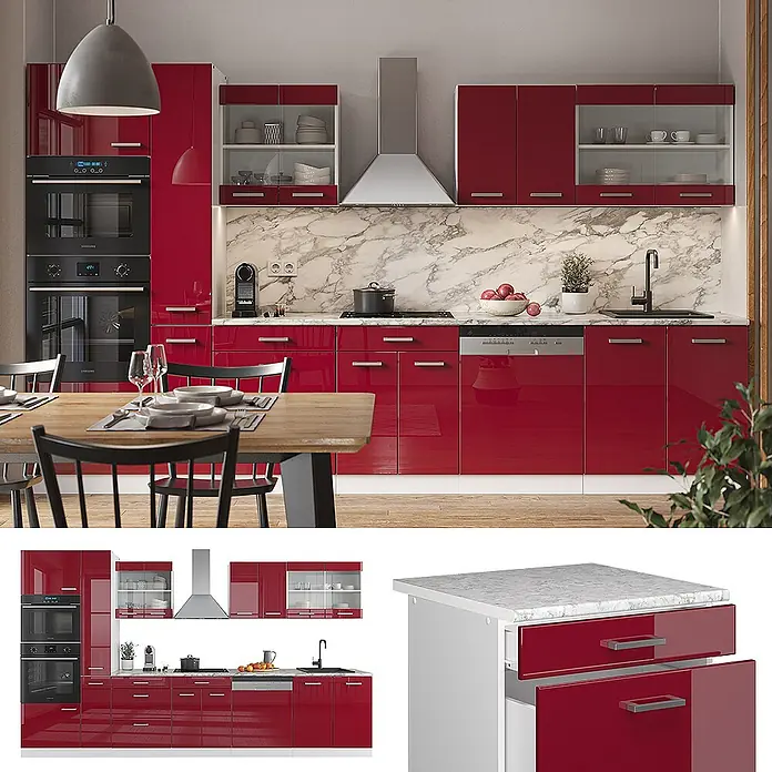 Vicco Küchenzeile R-Line Rot Hochglanz/Weiß mit Hochschrank, ohne Arbeitsplatte - Breite: 350 cm, Rot Hochglanz, Ohne Elektrogeräte - Moderne rote Hochglanzküche mit Marmorarbeitsplatten, Einbaugeräten und Hängeschränken mit Glasfront.