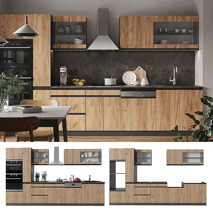 Vicco Küchenzeile R-Line Goldkraft Eiche J-Shape, mit Hochschrank, ohne Arbeitsplatte - Goldkraft Eiche, Ohne Elektrogeräte - Modernes Küchenmöbel-Set mit Holzschränken, dunklen Arbeitsplatten, integrierten Geräten und Oberschränken mit Glasfront.